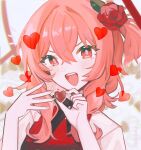  1girl black_flower black_rose blush candy chocolate commentary english_commentary flower food hair_flower hair_ornament heart heart-shaped_chocolate holding holding_chocolate holding_food long_hair nijisanji nijisanji_en open_mouth pink_eyes pink_hair renkkai rose rosemi_lovelock short_sidetail smile solo virtual_youtuber 