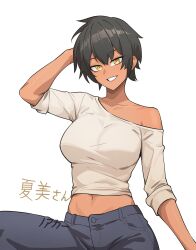  1girl arm_behind_head arm_up black_hair black_pants breasts brown_eyes commentary dark-skinned_female dark_skin english_commentary grin highres kurobe_natsumi large_breasts looking_at_viewer navel nokaa_aru pants senpai_ga_uzai_kouhai_no_hanashi short_hair short_sleeves simple_background smile solo teeth translation_request white_background 