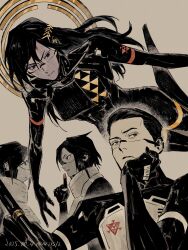  1boy 3girls adler_(signalis) android black_eyes black_hair dated facial_mark falke_(signalis) forehead_mark fune_(nkjrs12) halo hand_on_own_face highres index_finger_raised kolibri_(signalis) limited_palette long_hair multiple_girls red_pupils short_hair signalis signature skin_seams yellow_background 