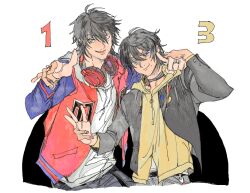  2boys ahoge antenna_hair arm_around_neck bad_id bad_twitter_id badge belt black_belt black_choker black_hair black_jacket blue_eyes blue_jacket blush bright_pupils brothers button_badge choker choppy_bangs commentary_request cropped_legs crosshatching denim fingernails gakuran green_eyes hair_between_eyes hand_on_another's_hand hand_up hatching_(texture) headphones headphones_around_neck height_difference heterochromia hood hood_down hoodie hypnosis_mic jacket jacket_over_hoodie jeans letterman_jacket linear_hatching long_belt long_sleeves male_focus midriff_peek mole mole_under_eye mole_under_mouth multicolored_jacket multiple_boys n_uu_nn narrowed_eyes open_clothes open_jacket open_mouth pants partially_unzipped pointing pointing_at_viewer red_eyes red_jacket school_uniform shirt short_hair siblings side-by-side sideways_glance silver_ring simple_background smile smirk smug two-tone_jacket v-shaped_eyebrows w wallet_chain white_background white_hoodie white_pupils white_shirt yamada_ichiro yamada_saburo yellow_hoodie zipper zipper_pull_tab 
