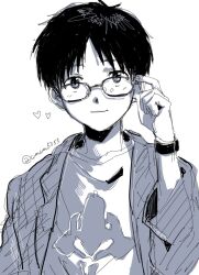  1boy adjusting_eyewear bespectacled closed_mouth commentary_request glasses greyscale heart highres ikari_shinji jacket light_blush looking_at_viewer male_focus middle_part monochrome neon_genesis_evangelion shirt short_hair simple_background sketch solo straight-on twitter_username umum5353 upper_body watch watch white_background 