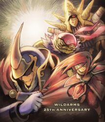  1girl 3boys alhazad_(wild_arms) armor armored_dress belselk_(wild_arms) brown_hair cape closed_mouth commentary_request dress elmina_niet fangs gloves helmet highres lady_harken long_hair monster_boy multiple_boys red_armor ribbon sakakai_toppa smile wild_arms wild_arms_1 zeikfried_(wild_arms) 