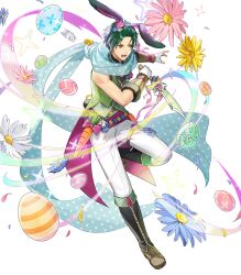  1boy animal_ears attack belt black_boots black_hairband black_pants black_shirt blue_scarf boots carrot commentary_request dagger easter_egg egg fake_animal_ears fighting_stance fingerless_gloves fire_emblem fire_emblem:_path_of_radiance fire_emblem:_radiant_dawn fire_emblem_heroes flower gloves green_hair green_jacket green_vest hairband highres holding holding_dagger holding_knife holding_weapon jacket knife non-web_source official_alternate_costume official_art open_mouth pants rabbit_ears scarf shirt sleeveless solo sothe_(fire_emblem) sothe_(in_the_breeze)_(fire_emblem) tsunakawa vest weapon white_gloves yellow_eyes 