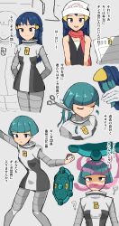  1girl ? absurdres arms_behind_back beanie bodysuit bronzor closed_mouth commentary_request corruption cutting_hair dress gloves grey_bodysuit hair_ornament hairclip hat highres hikari_(pokemon) holding holding_poke_ball hypnosis ichi_k_y logo long_hair mind_control open_mouth poke_ball poke_ball_(basic) pokemon pokemon_(creature) pokemon_dppt ribbed_bodysuit scissors short_hair smile team_galactic team_galactic_uniform translation_request white_gloves white_hat 