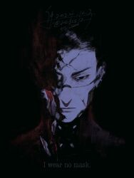  1boy adler_(signalis) android black_background black_eyes blood blood_on_face cracked_skin dated english_text expressionless fune_(nkjrs12) highres male_focus portrait red_pupils shards signalis signature simple_background skin_seams solo straight-on 