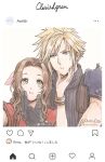  1boy 1girl aerith_gainsborough ancotsubu armor bangle black_gloves blonde_hair blue_eyes blue_shirt bracelet brown_hair character_name cloud_strife earrings face_squeeze final_fantasy final_fantasy_vii final_fantasy_vii_remake gloves green_eyes hair_ribbon hand_on_another&#039;s_cheek hand_on_another&#039;s_face highres instagram jacket jewelry long_hair looking_at_viewer parted_bangs pink_ribbon red_jacket ribbon rude_(ff7) selfie shirt short_hair shoulder_armor sidelocks single_earring sleeveless sleeveless_turtleneck spiky_hair suspenders turtleneck twitter_username upper_body wavy_hair 