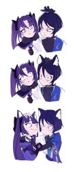  1boy 1girl absurdres aimquqi animal_ear_fluff animal_ears black_bodysuit black_bow black_choker black_gloves black_hair blue_cape blue_gem blue_kimono blunt_ends body_markings bodysuit bow cape capelet cat_boy cat_ears cat_girl choker choppy_bangs closed_mouth constricted_pupils covered_collarbone cropped_torso eyeliner feathers fingernails fur-trimmed_capelet fur_trim gem genshin_impact gloves glowing_markings grey_eyes hair_bow hair_intakes hand_on_another's_neck hand_on_another's_shoulder hashtag-only_commentary headpat highres holding_another's_arm japanese_clothes juban kimono leotard long_hair looking_at_another makeup mandarin_collar mona_(genshin_impact) open_clothes open_kimono parted_bangs purple_capelet purple_hair purple_leotard purple_sash purple_sleeves red_eyeliner sash scaramouche_(genshin_impact) sequential sharp_fingernails shoulder_peek side_cape slit_pupils smug squinting star_ornament tsurime twintails violet_eyes vision_(genshin_impact) wanderer_(genshin_impact) white_background white_kimono wide-eyed yellow_feathers 