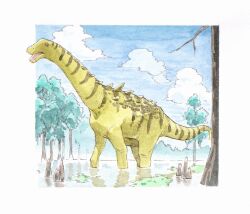  ampelosaurus animal_focus clouds dinosaur highres no_humans open_mouth original outside_border painting_(medium) paleoart partially_submerged red_eyes sauropod shin'ichiroo solo spikes traditional_media tree watercolor_(medium) 