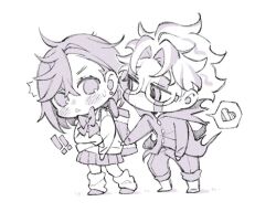  1boy 1girl ayase_momo backpack bag barefoot blush bow bowtie buttons chibi chibi_only closed_mouth clothes_tug comimingming commentary_request crossed_bangs dandadan dot_mouth earrings facial_mark full_body furrowed_brow gakuran glasses greyscale hair_between_eyes heart jewelry korean_commentary looking_at_another loose_socks medium_hair monochrome multicolored_hair pants pants_rolled_up parted_bangs parted_lips pleated_skirt round_eyewear school_uniform short_hair skirt socks spoken_heart streaked_hair sweatdrop sweater sweater_tug takakura_ken_(dandadan) takakura_ken_(transformed)_(dandadan) white_background white_socks 
