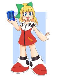  1girl :d absurdres black_socks blonde_hair blue_background blue_eyes blunt_bangs blush border bow buttons can commentary deviantart_username dress energy_tank english_commentary full_body green_bow hair_bow hand_up highres holding holding_can hood hood_down hooded_dress long_hair looking_at_viewer mega_man_(classic) mega_man_(series) mega_man_11 multicolored_dress nico-neko open_mouth outline ponytail red_dress red_shoes roll_(mega_man) shoes short_dress short_sleeves smile socks solo standing twitter_logo twitter_username two-tone_dress white_border white_dress white_outline zipper_pull_tab 