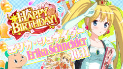 1girl :o \|||/ bad_id balloon bilingual_text black_thighhighs blonde_hair blue_eyes blush bow bowtie brooch brown_eyes brown_hair character_name closed_mouth collarbone confetti crown dot_nose dress elbow_gloves english_text erika_schneider flower game_cg gem gloves gold_crown green_dress green_gem green_gloves happy_birthday heart_balloon holding idol_wars jewelry long_hair magical_girl mini_crown mixed-language_text multiple_views official_art orange_bow orange_bowtie orange_dress orange_flower orange_rose outstretched_arm plaid_background plaid_clothes plaid_skirt puffy_short_sleeves puffy_sleeves red_bow red_bowtie red_gem red_ribbon red_skirt ribbon rose second-party_source shirt short_hair short_sleeves sidelocks skirt smile star_(symbol) string_of_flags striped_ribbon thigh-highs twintails upper_body white_gloves white_ribbon white_shirt zettai_ryouiki 