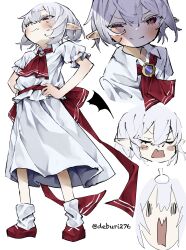  1girl absurdres ascot back_bow bat_wings blush bow brooch closed_mouth commentary deburi276 english_commentary fang grey_hair hands_on_own_hips hat highres jewelry missing_headwear multiple_views open_mouth pointy_ears puffy_short_sleeves puffy_sleeves red_ascot red_bow red_eyes red_shoes remilia_scarlet shirt shoes short_sleeves skin_fang skirt socks touhou twitter_username white_hat white_shirt white_skirt white_socks wings 