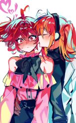  0916psy 2girls a.i._voice absurdres adachi_rei ahoge black_bow black_bowtie black_shirt black_skirt blush bow bowtie closed_eyes closed_mouth clothing_cutout coat commentary_request drill_hair expressive_hair flustered frown hair_between_eyes hand_on_another's_waist heart highres kasane_teto kiss kissing_cheek korean_commentary lab_coat long_sleeves medium_hair multiple_girls one_side_up orange_hair pink_shirt red_eyes shirt shirt_tucked_in short_hair shoulder_cutout skirt sweatdrop turtleneck turtleneck_shirt twin_drills utau white_coat yuri 