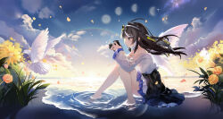  1girl absurdres bird black_hair camera commentary_request flower highres katya_klein moon pigeon scenery sitting snowbreak:_containment_zone sunset water yellow_eyes zhcx7832 