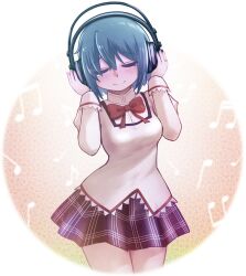  1girl blue_hair bow bowtie closed_eyes collared_shirt hands_on_headphones headphones highres listening_to_music long_sleeves mahou_shoujo_madoka_magica miki_sayaka miniskirt mitakihara_school_uniform plaid_clothes plaid_skirt red_bow red_bowtie reiwanoshiro school_uniform shirt short_hair single_tear skirt smile solo 
