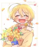  1girl ahoge blonde_hair blush_stickers bouquet closed_eyes hamster hamster_on_shoulder harryham_harry highres hugtto!_precure jacket kagayaki_homare necktie omochi_(ankoro_omotti) open_clothes open_jacket open_mouth precure red_necktie short_hair smile solo yellow_jacket 