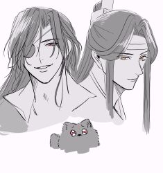  2boys absurdres animal animalization bingpup_(renzha_fanpai_zijiu_xitong) braid chinese_clothes creator_connection crossover dog eyepatch facial_mark forehead_mark greyscale grin hanfu headband highres hua_cheng lan_wangji long_hair looking_at_viewer luo_binghe male_focus modao_zushi monochrome multiple_boys one_eye_covered parted_lips pointy_ears portrait red_eyes renzha_fanpai_zijiu_xitong side_braid simple_background single_braid sketch smile spot_color tem0822_bl tianguan_cifu topknot white_background xiao_guan_(headdress) yellow_eyes zuiyin 
