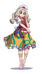  1girl barefoot blonde_hair blunt_tresses closed_mouth commentary english_commentary frilled_skirt frills full_body highres long_hair looking_at_viewer magatama patterned_clothing puffy_short_sleeves puffy_sleeves red_eyes red_vest shirt short_sleeves skirt smile smug_suriipi solo tamatsukuri_misumaru toes touhou vest white_shirt yellow_skirt 