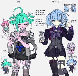  2girls ahoge aqua_hair arm_belt asymmetrical_bangs asymmetrical_legwear belt belt_bra black_bra black_eyes black_shoes black_skirt black_thighhighs blue_belt blue_eyes blunt_bangs blush_stickers bow bowtie bra braid braided_sidelock breasts buttons can center_frills chibi chibi_inset claw_ring cleavage_cutout closed_eyes closed_mouth clothing_cutout collar collared_shirt colored_skin commentary cowboy_shot crop_top cropped_jacket diagonal-striped_bow diagonal-striped_bowtie diagonal-striped_clothes double_bun double_vertical_stripe emoticon energy_drink fashion feet_up fishnet_thighhighs fishnets four-finger_heart_hands frilled_collar frilled_sleeves frills garter_straps grey_background grey_collar grey_shirt grey_sleeves grey_thighhighs hair_bun hair_ornament hair_ribbon heart heart_hands highres holding holding_can inward_v jacket jaggy_lines jewelry juliet_sleeves kaomoji lapel_chain layered_skirt legwear_garter light_smile long_sleeves looking_at_viewer mismatched_legwear mole mole_under_eye monster_energy multicolored_nails multicolored_thighhighs multiple_girls multiple_rings necklace o-ring o-ring_belt o-ring_thigh_strap original ornate_clothes ornate_ring ouji_fashion pink_nails pink_skin pleated_skirt print_skirt puffy_sleeves purple_belt purple_bow purple_bowtie purple_jacket purple_nails purple_shirt purple_skirt rabbit_hair_ornament ribbon ring round_collar shirt shoes short_eyebrows short_sleeves sidelocks silver_chain silver_necklace silver_ring single_garter_strap single_legwear_garter single_sidelock skindentation skirt small_breasts spot_color standing standing_on_one_leg striped_bow striped_bowtie striped_clothes striped_thighhighs susushi_11 techwear text_background thick_eyebrows thigh-highs thigh_strap three-quarter_sleeves too_many too_many_belts twintails two-sided_fabric two-sided_jacket two-tone_nails two-tone_thighhighs underbust underwear v v_over_eye vertical-striped_clothes vertical-striped_sleeves vertical-striped_thighhighs white_ribbon wide_sleeves x_hair_ornament yellow_skin 