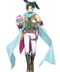  1boy animal_ears belt black_boots black_hairband black_pants black_shirt blue_scarf boots carrot closed_mouth dagger easter_egg egg fake_animal_ears fingerless_gloves fire_emblem fire_emblem:_path_of_radiance fire_emblem:_radiant_dawn fire_emblem_heroes gloves green_hair green_jacket green_vest hairband highres holding holding_dagger holding_knife holding_weapon jacket knife looking_at_viewer non-web_source official_alternate_costume official_art pants rabbit_ears scarf shirt sleeveless solo sothe_(fire_emblem) sothe_(in_the_breeze)_(fire_emblem) tachi-e tsunakawa vest weapon white_gloves yellow_eyes 