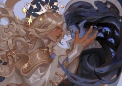  2boys absurdres blue_eyes blue_hair blue_skin collar colored_skin comforting cookie_run cookie_run:_kingdom crying dark-skinned_male dark_skin frilled_collar frills halo heart heart-shaped_pupils highres implied_yaoi long_hair long_sleeves looking_at_another male_focus multicolored_hair multiple_boys o27537 parted_lips pointy_ears pure_vanilla_cookie realistic sad shadow_milk_cookie star_(symbol) symbol-shaped_pupils wavy_hair white_hair white_nails yellow_eyes 