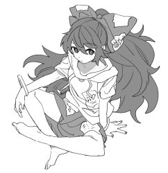  1girl bangle barefoot bow bracelet breasts closed_mouth collarbone commentary_request hair_bow hood hoodie jewelry long_hair looking_at_viewer mero_(starfish_jcs) patchwork_clothes short_sleeves sitting skirt small_breasts solo toes touhou very_long_hair yorigami_shion 