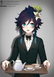  1boy absurdres aqua_eyes black_bow black_bowtie black_hair black_jacket blue_hair blush bow bowtie braid cup flower formal genshin_impact gradient_hair hair_flower hair_ornament highres holding jacket lkari_shi long_sleeves male_focus multicolored_hair open_mouth solo suit tea teacup teapot twin_braids venti_(genshin_impact) 