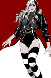  1girl absurdres belt black_belt black_coat black_hat black_nails black_sclera black_shorts breasts coat colored_sclera commentary_request feet_out_of_frame genderswap genderswap_(mtf) gyogyo_hjj hat high-waist_shorts highres jojo_no_kimyou_na_bouken korean_commentary long_coat medium_breasts red_eyes risotto_nero shorts signature solo striped_clothes striped_thighhighs thigh-highs thigh_gap turtleneck vento_aureo white_hair 