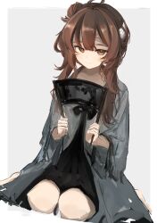  1girl absurdres bandaged_head bandages black_dress border brown_eyes brown_hair closed_mouth commentary_request dress dutch_angle full_body grey_background grey_robe hair_bun highres holding kowai7305 long_hair long_sleeves looking_at_viewer mansui_(the_hungry_lamb) object_request open_clothes open_robe outside_border robe short_dress side_up_bun simple_background sitting smile solo the_hungry_lamb:_traveling_in_the_late_ming_dynasty wariza white_border 