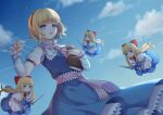  1girl alice_margatroid apron blonde_hair blue_dress blue_eyes blue_sky book bow bowtie capelet clouds day doll dress frills grimoire grimoire_of_alice hair_bow hairband hand_up holding holding_book holding_polearm holding_weapon jewelry lance lolita_hairband long_hair long_sleeves looking_at_viewer melachicca outdoors parted_lips polearm puffy_short_sleeves puffy_sleeves puppet_strings red_bow red_bowtie red_hairband ring shanghai_doll short_hair short_sleeves sidelocks sky touhou waist_apron weapon white_capelet 