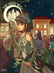  a_song_of_ice_and_fire arte072 artist_name arya_stark bag bare_shoulders blue_hat breasts brown_hair closed_mouth colossus commentary cowboy_shot detached_sleeves earrings english_commentary ferry_(ship) fox_mask grey_hair grey_scarf grey_sleeves hat headscarf highres holding holding_mask holding_sword holding_weapon jewelry long_hair looking_at_viewer mask masquerade masquerade_mask necklace outdoors scarf shell shell_necklace shoulder_bag small_breasts sword updo walking weapon wolf 