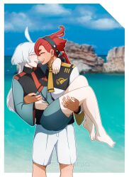  2girls absurdres ahoge barefoot black_hairband blue_sky carrying closed_eyes clouds commentary day english_commentary green_jacket green_shorts gundam gundam_suisei_no_majo hairband highres icejasminetea jacket long_hair miorine_rembran multiple_girls ocean open_mouth outdoors ponytail princess_carry red_hair shorts sky smile suletta_mercury thick_eyebrows toes white_hair white_jacket white_shorts yuri 