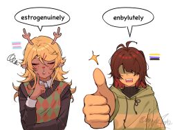  1girl 1other :o animal_ears animal_nose antenna_hair antlers argyle_clothes argyle_sweater_vest artist_name black_sweater blonde_hair brown_hair closed_eyes collared_shirt commentary deer_antlers deer_ears deer_girl deltarune drawstring english_commentary english_text facing_viewer freckles green_hoodie green_sweater_vest hair_between_eyes hair_ornament hairclip hand_up highres hood hood_down hoodie horns index_finger_raised kris_(deltarune) long_hair long_sleeves mole mole_under_mouth no_eyes noelle_holiday non-binary_flag open_mouth parallel_hairclips rectangular_mouth shaded_face shirt short_hair signature simple_background sparkle speech_bubble squiggle ssyyk1sk sweat sweater sweater_vest teeth thumbs_up transgender_flag upper_body upper_teeth_only utdr_(toby_fox) white_background white_shirt wing_collar 