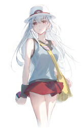  1girl absurdres alternate_hair_color bag blue_shirt brown_eyes commentary_request dot_nose handbag hat highres holding holding_poke_ball kotorime_(kmizuq1) leaf_(pokemon) miniskirt open_mouth poke_ball pokemon pokemon_frlg red_skirt shirt skirt sleeveless sleeveless_shirt vs_seeker white_hair white_hat yellow_bag 