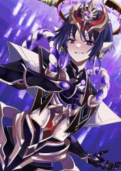  1boy absurdres arm_at_side blunt_ends cable choppy_bangs commentary_request cyborg dutch_angle extra_ears genshin_impact grin halo hand_on_own_chest head_ornament highres humanization iwoarazumi129 looking_at_viewer male_focus mandarin_collar mechanical_arms mechanical_ears mechanical_halo mechanical_hands mitsudomoe_(shape) open_hands purple_background purple_hair purple_halo purple_rope red_halo red_pupils rope scaramouche_(genshin_impact) scaramouche_(shouki_no_kami)_(genshin_impact) shimenawa smile solo spiked_halo teeth tomoe_(symbol) tsurime upper_body violet_eyes white_rope 