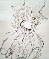  1boy closed_mouth commentary_request doll_joints gloves grimms_notes hair_between_eyes hair_ribbon half_gloves hand_up hat joints male_focus monochrome neckerchief pinocchio_(grimms_notes) ribbon shino_(5no) shirt short_hair short_sleeves simple_background smile solo top_hat traditional_media upper_body vest wide_sleeves 