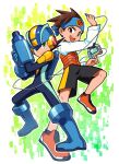  2boys bandana black_shorts blue_footwear bodysuit brown_hair commentary_request full_body green_eyes headband helmet highres long_sleeves looking_at_viewer male_focus mega_man_(series) mega_man_battle_network megaman.exe multiple_boys nagare750 open_mouth short_hair shorts siblings simple_background smile teeth upper_teeth_only weapon 