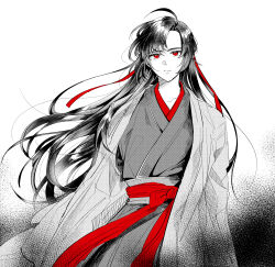  1boy ahoge black_hair black_hanfu chinese_clothes closed_mouth coat commentary_request cowboy_shot floating_hair gradient_background grey_coat hair_down hair_ribbon half_updo hanfu highres long_hair long_sleeves looking_at_viewer male_focus melmerry modao_zushi monochrome official_alternate_costume official_alternate_hairstyle open_clothes open_coat red_eyes red_ribbon red_sash ribbon robe sash simple_background solo spot_color standing upper_body very_long_hair wei_wuxian wei_wuxian_(yiling_laozu) white_background wide_sleeves 