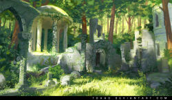  arch artist_name commentary day dome english_commentary forest grass landscape leaf nature original painterly pillar plant ruins scenery stone_wall sunlight sylvain_sarrailh tree vines web_address 