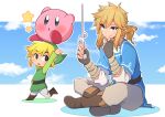  3boys belt black_eyes blonde_hair blue_eyes blue_skirt boots brown_footwear clouds crossed_legs fingerless_gloves gloves green_headwear green_tunic hat highres holding kirby kirby_(series) link long_sleeves male_focus multiple_boys open_mouth osora_(judithandlilith) pants pointy_ears ponytail shadow shirt short_hair sidelocks sitting skirt split_mouth star_(symbol) the_legend_of_zelda the_legend_of_zelda:_breath_of_the_wild the_legend_of_zelda:_the_wind_waker toon_link white_pants white_shirt wind_waker_(object) 