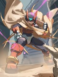  2boys absurdres arm_cannon armor battle_damage blonde_hair brown_cloak cloak ears_back energy_sword full_body helmet highres holding holding_sword holding_weapon long_hair mega_man_(series) mega_man_zero_(series) mega_man_zero_2 multiple_boys omochi_(mochi_skymega) pantheon_(mega_man) red_armor red_helmet sword weapon z_saber zero(z)_(mega_man) zero_(mega_man) 
