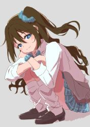 1girl absurdres black_shoes blue_bow blue_bowtie blue_eyes blue_scrunchie blue_skirt blush bow bowtie brown_hair closed_mouth collared_shirt commentary full_body grey_background gyaru gyarugasaki hair_ornament hair_scrunchie highres kogal loafers long_sleeves looking_at_viewer loose_socks love_live! love_live!_nijigasaki_high_school_idol_club miniskirt misoshiru._(hss_llnl) one_side_up osaka_shizuku plaid_bow plaid_bowtie plaid_clothes plaid_skirt pleated_skirt scrunchie shirt shoes simple_background skirt smile socks solo split_mouth squatting white_shirt white_socks wrist_scrunchie 