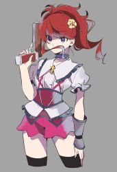  1girl aikatsu! aikatsu!_(series) black_thighhighs choker commentary_request cowboy_shot cross floating_hair flower frilled_choker frills grey_background gun hair_flower hair_ornament hand_on_own_leg hand_up highres holding holding_gun holding_weapon kumo_suzume kurebayashi_juri long_hair looking_at_viewer pink_shorts ponytail puffy_short_sleeves puffy_sleeves red_hair shirt short_sleeves shorts simple_background solo standing thigh-highs violet_eyes weapon white_shirt yellow_flower 