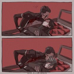  1boy 1girl adler_(signalis) android black_hair blood blood_on_face closed_eyes dated facial_mark failure falke_(signalis) forehead_mark fune_(nkjrs12) highres long_hair lying motion_lines on_back pillow red_background sequential short_hair signalis signature turning_head 