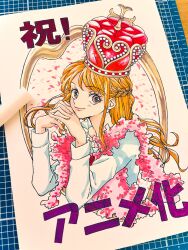  1girl braid closed_mouth commentary_request crown earrings falling_petals fur_scarf half_up_braid highres interlocked_fingers jewelry karori_moenergy long_hair long_sleeves looking_at_viewer nami_(one_piece) official_alternate_costume one_piece orange_eyes orange_hair own_hands_together pearl_earrings petals photo_(medium) pink_petals shirt sidelocks smile solo traditional_media upper_body white_shirt 