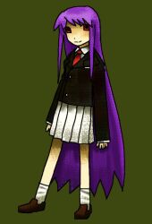  1girl aoiseshin arms_at_sides black_coat brown_shoes closed_mouth coat collared_shirt commentary english_commentary facing_ahead full_body green_background humanization legs_apart long_hair long_sidelocks long_sleeves looking_at_viewer medium_skirt necktie pleated_skirt purple_hair red_necktie reisen_udongein_inaba shirt shoes sidelocks simple_background skirt smile socks solo standing touhou very_long_hair white_shirt white_skirt white_socks 
