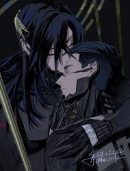  1boy 1girl adler_(signalis) android arm_around_back black_background black_hair closed_eyes commentary_request covered_mouth dated falke_(signalis) fune_(nkjrs12) hand_on_another's_back hetero highres kiss long_hair metal_skin short_hair signalis signature simple_background skin_seams upper_body 