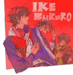  3boys adam's_apple adjusting_clothes adjusting_headwear antenna_hair bad_id bad_twitter_id badge baseball_cap belt belt_buckle black_belt black_choker black_hair black_jacket blue_hat blue_jacket brothers buckle buster_bros!!! button_badge choker choppy_bangs collarbone commentary_request cowboy_shot crossed_arms fingernails from_side grin hair_between_eyes hand_in_pocket hand_up hat headphones headphones_around_neck highres hood hood_down hoodie hypnosis_mic jacket jacket_over_hoodie jewelry letterman_jacket looking_ahead male_focus middle_finger mole mole_under_eye mole_under_mouth multicolored_jacket multiple_boys multiple_moles n_uu_nn open_clothes open_jacket parted_lips partially_unzipped piercing_hole place_name red_background red_jacket red_theme ring serious short_hair siblings side-by-side slouching smile smirk tongue tongue_out two-tone_jacket upper_body white_hoodie white_jacket yamada_ichiro yamada_jiro yamada_saburo yellow_eyes yellow_hoodie 