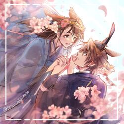  1boy 1girl animal_ears black_hair black_kimono blue_eyes blue_kimono brown_eyes brown_hair cherry_blossoms commentary_request couple earrings falling_petals final_fantasy final_fantasy_viii flower hair_between_eyes hair_flower hair_ornament hetero highres holding_hands interlocked_fingers japanese_clothes jewelry kemonomimi_mode kimono long_hair looking_at_another open_mouth parted_lips petals pink_flower pink_petals rabbit_ears rinoa_heartilly sayaendou0426 scar scar_on_face short_hair single_earring smile squall_leonhart twitter_username upper_body 