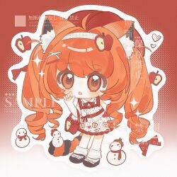  1girl ahoge animal_ear_fluff animal_ears bag black_shoes blush bow bowtie cat_ears cat_girl cat_tail chibi chibi_only dress full_body gradient_background hair_intakes hand_up hat highres long_hair open_mouth orange_eyes orange_hair original outline polka_dot polka_dot_dress red_background red_bow red_bowtie red_hat shoes sleeveless sleeveless_dress socks solo standing tail twintails white_dress white_outline white_socks yikemaohetao 